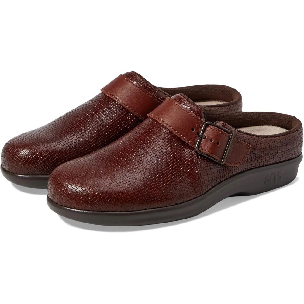 SAS Women’s Clog Comfort Slip On Shoe Woven Brown Leather Buckle Size 9.5M